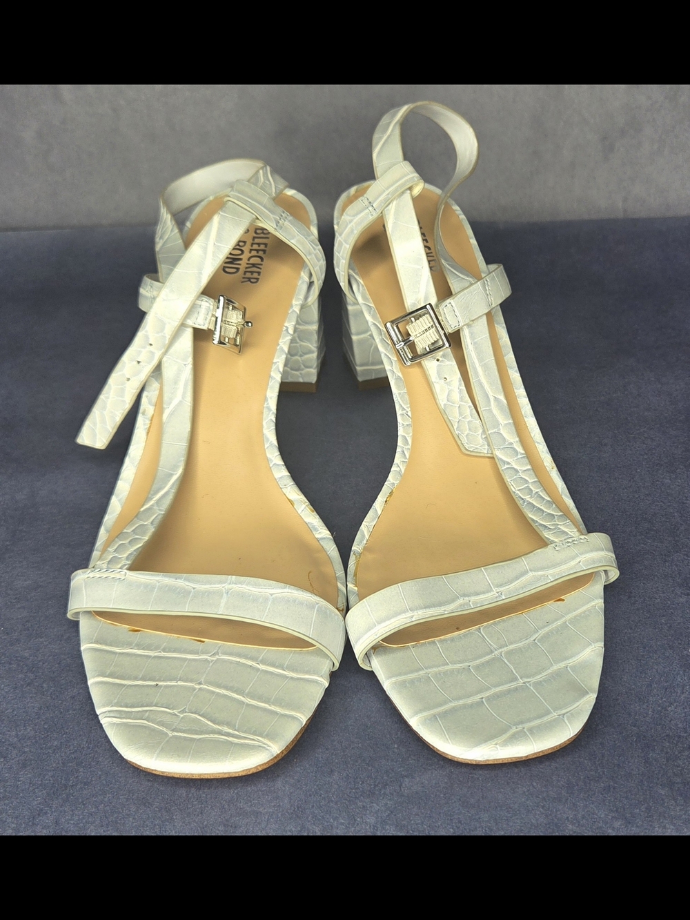 Becker + Bond Light Mint Croc-Embossed T-Strap Block Heel Sandals